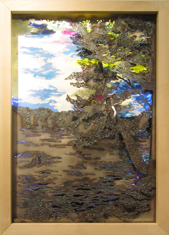 3.Off the Island, Sheet Metal, Plexi Glass, Acrlyic Paint and Gel Medium, 26 x 36, 2012